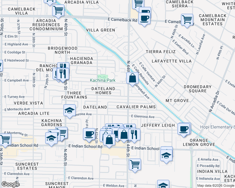 map of restaurants, bars, coffee shops, grocery stores, and more near 4308 East Roma Avenue in Phoenix
