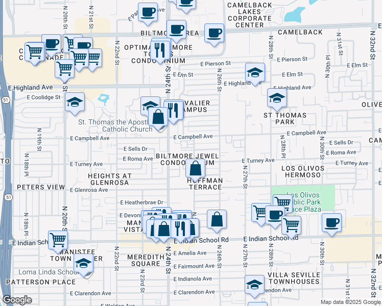 map of restaurants, bars, coffee shops, grocery stores, and more near 2430 East Roma Avenue in Phoenix