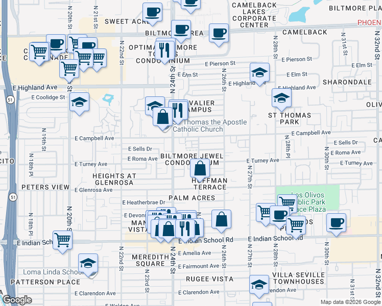 map of restaurants, bars, coffee shops, grocery stores, and more near 2430 East Roma Avenue in Phoenix