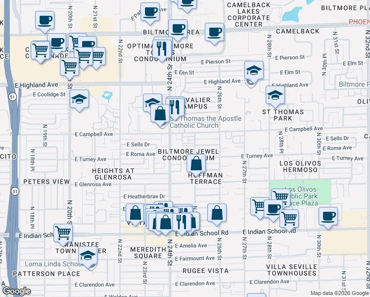 map of restaurants, bars, coffee shops, grocery stores, and more near 2430 East Roma Avenue in Phoenix