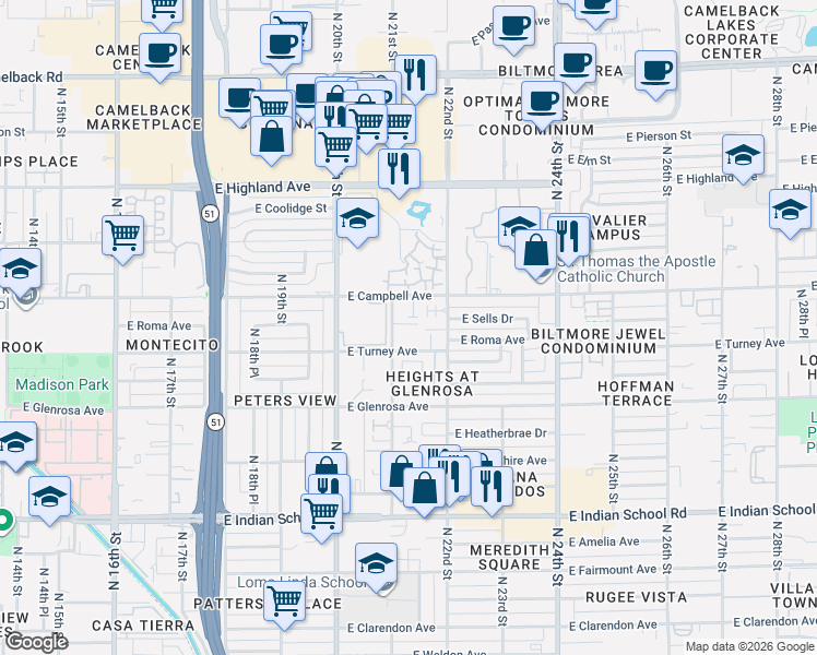 map of restaurants, bars, coffee shops, grocery stores, and more near 4417 North 21st Street in Phoenix