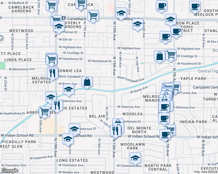 map of restaurants, bars, coffee shops, grocery stores, and more near 1517 West Roma Avenue in Phoenix