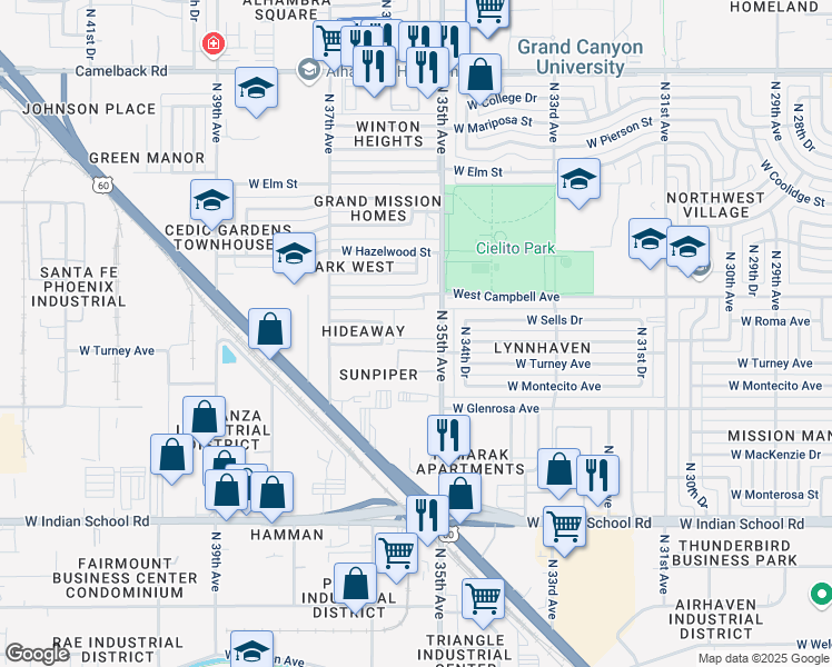 map of restaurants, bars, coffee shops, grocery stores, and more near 4420 North 35th Avenue in Phoenix