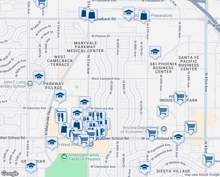 map of restaurants, bars, coffee shops, grocery stores, and more near 4418 North 49th Drive in Phoenix