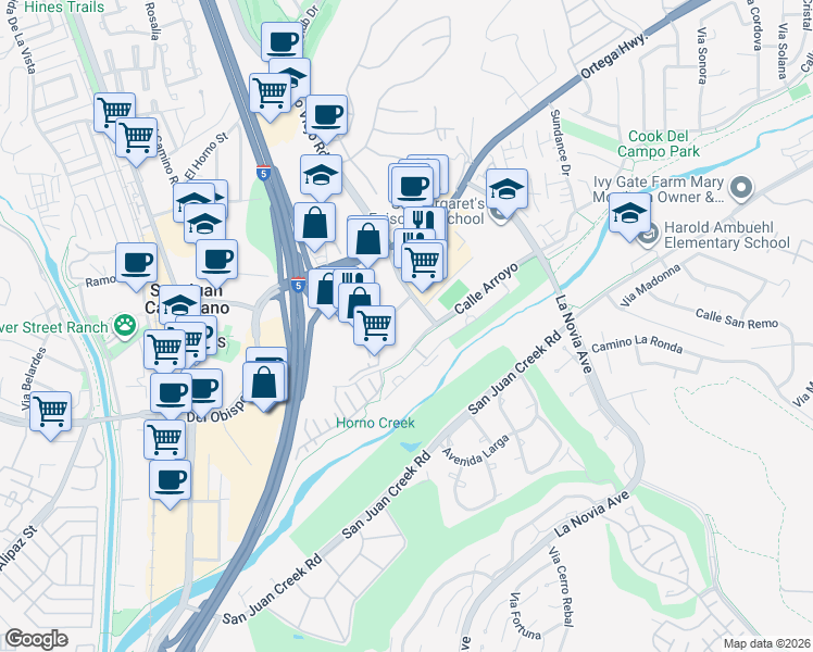 map of restaurants, bars, coffee shops, grocery stores, and more near 31741 Rancho Viejo Road in San Juan Capistrano