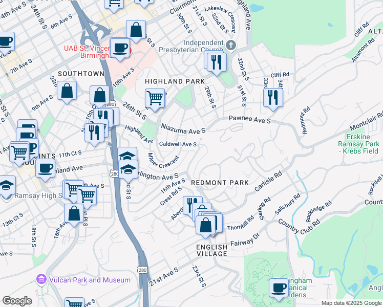 map of restaurants, bars, coffee shops, grocery stores, and more near 1415 Smolian Place in Birmingham