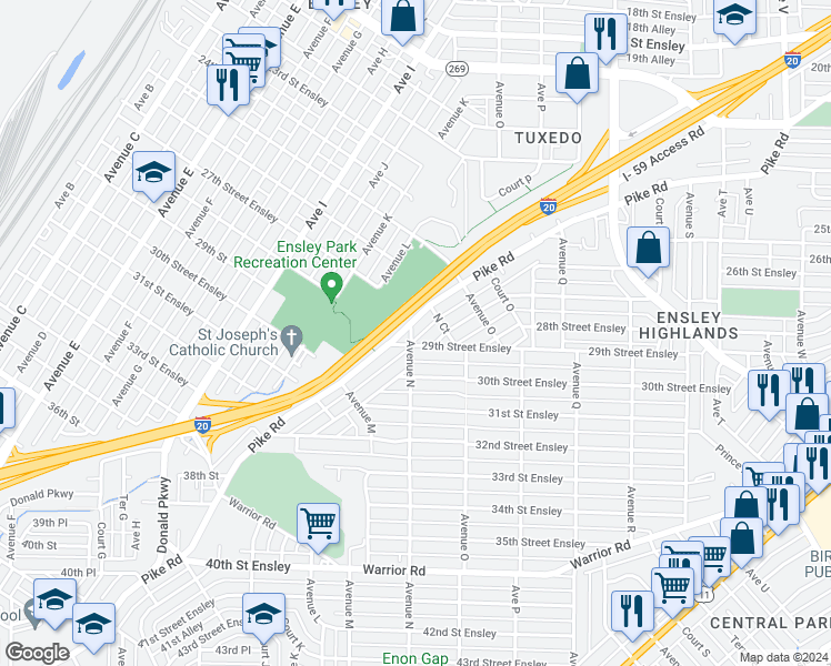 map of restaurants, bars, coffee shops, grocery stores, and more near 2805 Avenue North in Birmingham