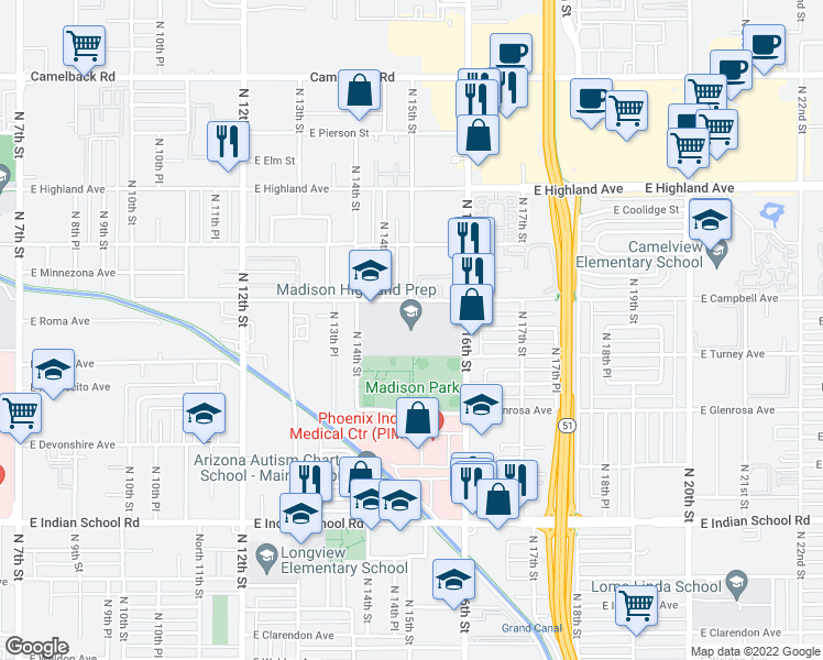 map of restaurants, bars, coffee shops, grocery stores, and more near 1431 East Campbell Avenue in Phoenix