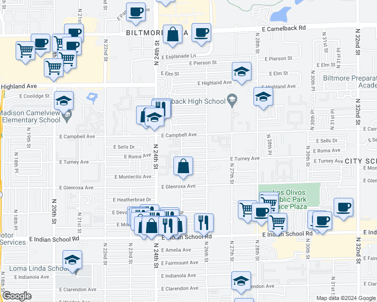 map of restaurants, bars, coffee shops, grocery stores, and more near 2513 East Roma Avenue in Phoenix