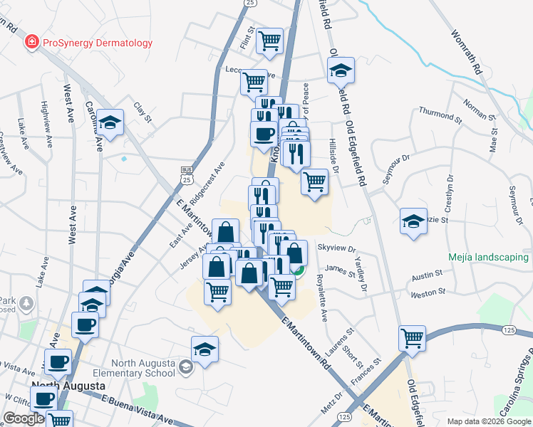 map of restaurants, bars, coffee shops, grocery stores, and more near 1207 Knox Avenue in North Augusta