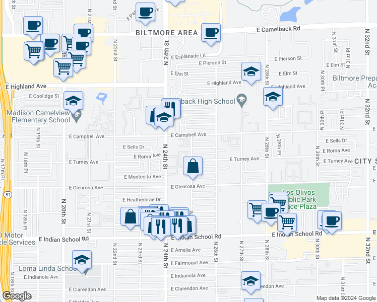map of restaurants, bars, coffee shops, grocery stores, and more near 2430 East Roma Avenue in Phoenix