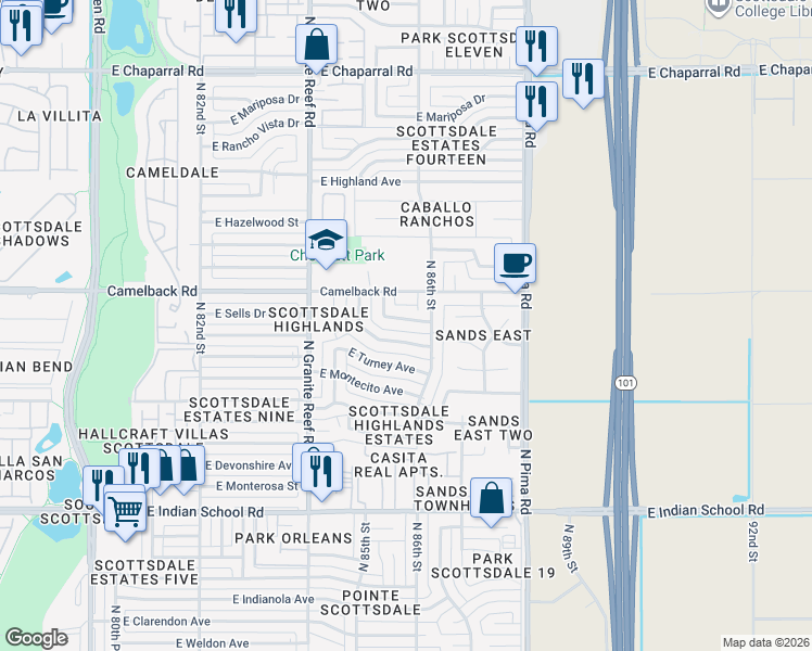map of restaurants, bars, coffee shops, grocery stores, and more near 8531 East Sells Drive in Scottsdale