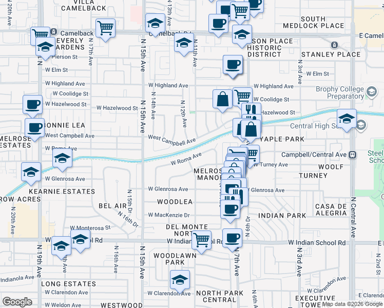 map of restaurants, bars, coffee shops, grocery stores, and more near 950 West Roma Avenue in Phoenix