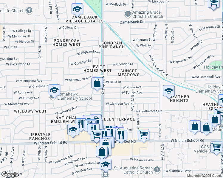 map of restaurants, bars, coffee shops, grocery stores, and more near 7409 West Roma Avenue in Phoenix
