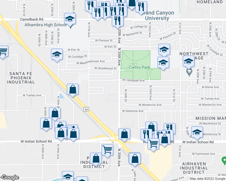 map of restaurants, bars, coffee shops, grocery stores, and more near 4416 North 35th Avenue in Phoenix