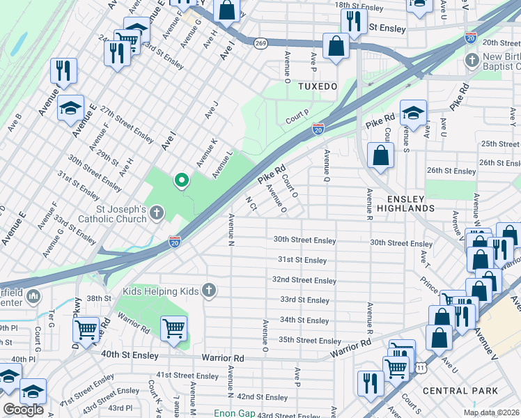map of restaurants, bars, coffee shops, grocery stores, and more near 1429 27th Street Ensley in Birmingham