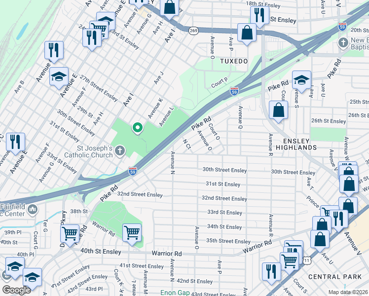 map of restaurants, bars, coffee shops, grocery stores, and more near 1414 27th Street Ensley in Birmingham