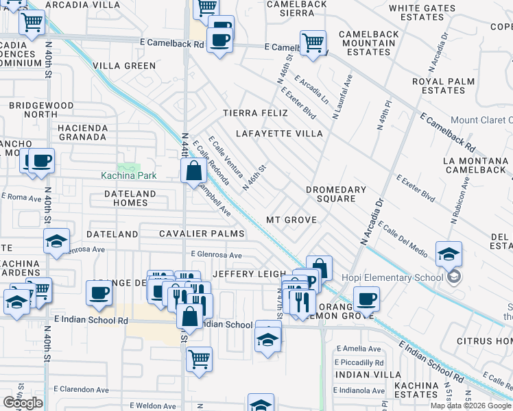 map of restaurants, bars, coffee shops, grocery stores, and more near 4628 East Calle Redonda in Phoenix