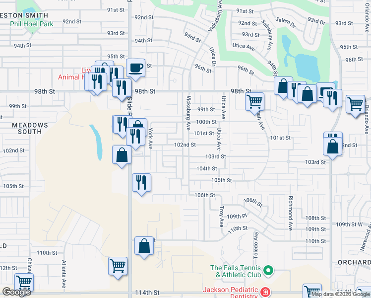 map of restaurants, bars, coffee shops, grocery stores, and more near 10204 Vicksburg Avenue in Lubbock