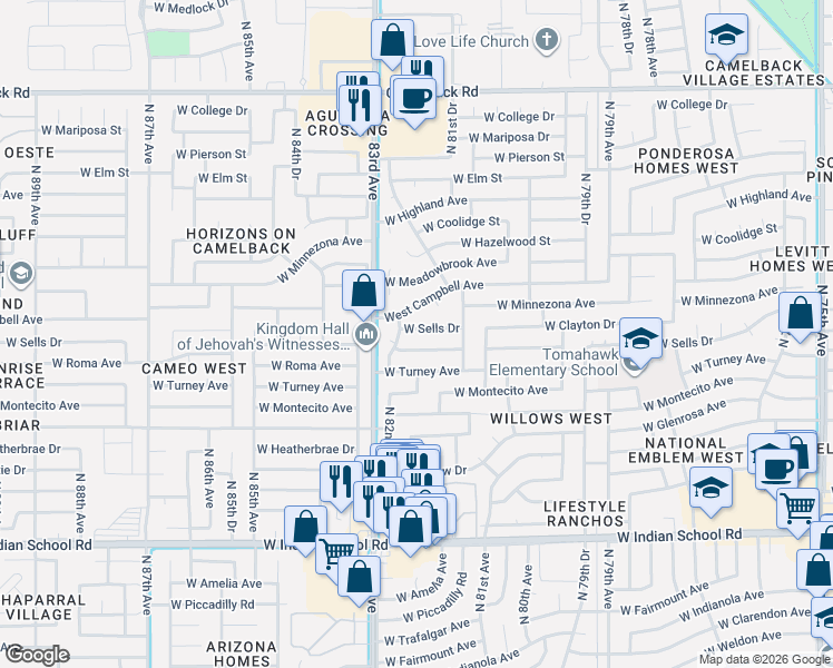 map of restaurants, bars, coffee shops, grocery stores, and more near 8201 West Sells Drive in Phoenix