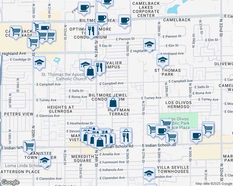 map of restaurants, bars, coffee shops, grocery stores, and more near 2513 East Roma Avenue in Phoenix