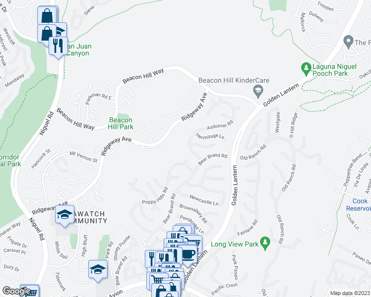 map of restaurants, bars, coffee shops, grocery stores, and more near 61 Asilomar Road in Laguna Niguel