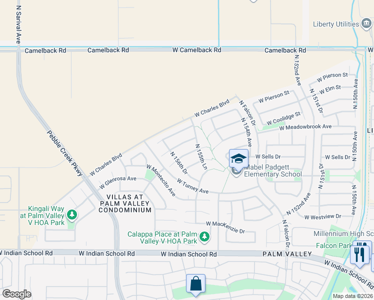 map of restaurants, bars, coffee shops, grocery stores, and more near 15632 West Campbell Avenue in Goodyear