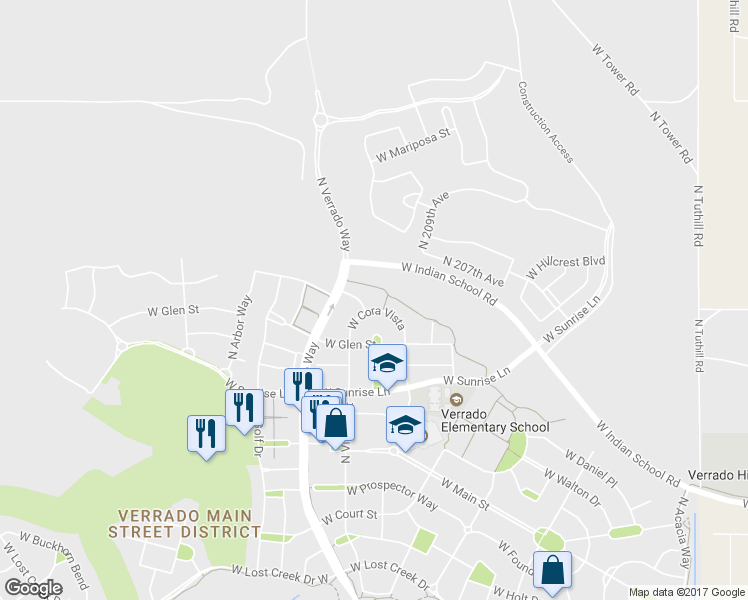 map of restaurants, bars, coffee shops, grocery stores, and more near 20954 West Cora Vista in Buckeye