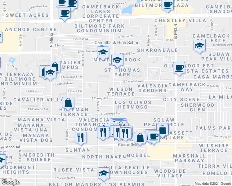map of restaurants, bars, coffee shops, grocery stores, and more near 4409 North 28th Street in Phoenix