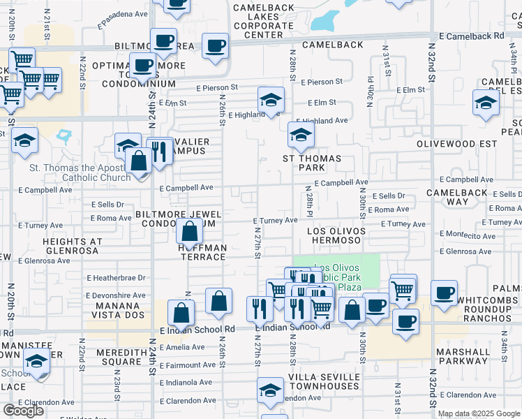 map of restaurants, bars, coffee shops, grocery stores, and more near 2714 East Turney Avenue in Phoenix