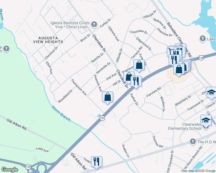 map of restaurants, bars, coffee shops, grocery stores, and more near 346 Hill Street in North Augusta