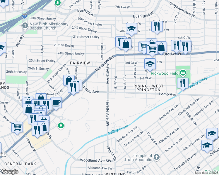 map of restaurants, bars, coffee shops, grocery stores, and more near 3129 Fayette Avenue in Birmingham