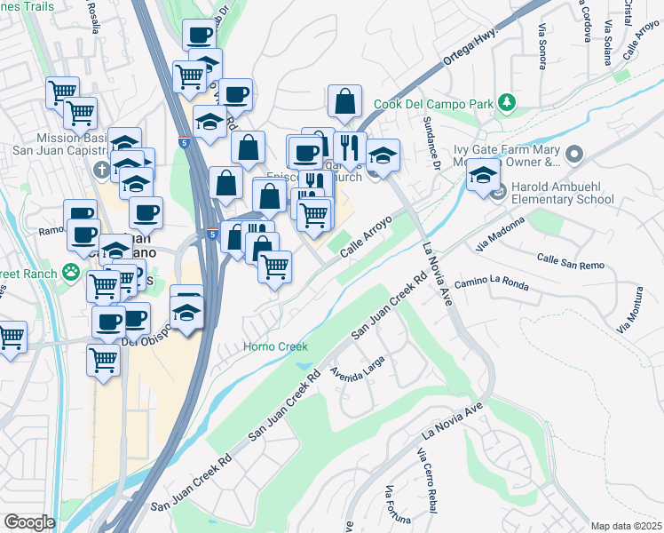 map of restaurants, bars, coffee shops, grocery stores, and more near 27352 Calle Arroyo in San Juan Capistrano
