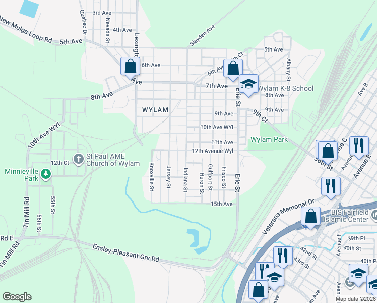map of restaurants, bars, coffee shops, grocery stores, and more near 1201 Indiana Street in Birmingham