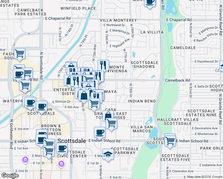 map of restaurants, bars, coffee shops, grocery stores, and more near in Scottsdale