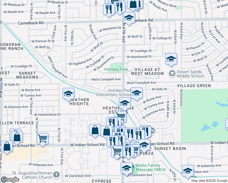 map of restaurants, bars, coffee shops, grocery stores, and more near 4420 North 67th Drive in Phoenix