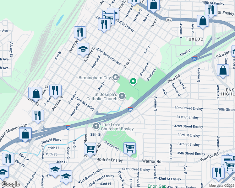 map of restaurants, bars, coffee shops, grocery stores, and more near 3002 Ave J in Birmingham