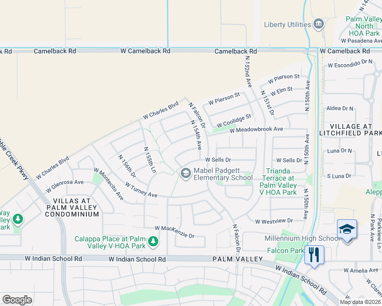 map of restaurants, bars, coffee shops, grocery stores, and more near 15431 West Campbell Avenue in Goodyear