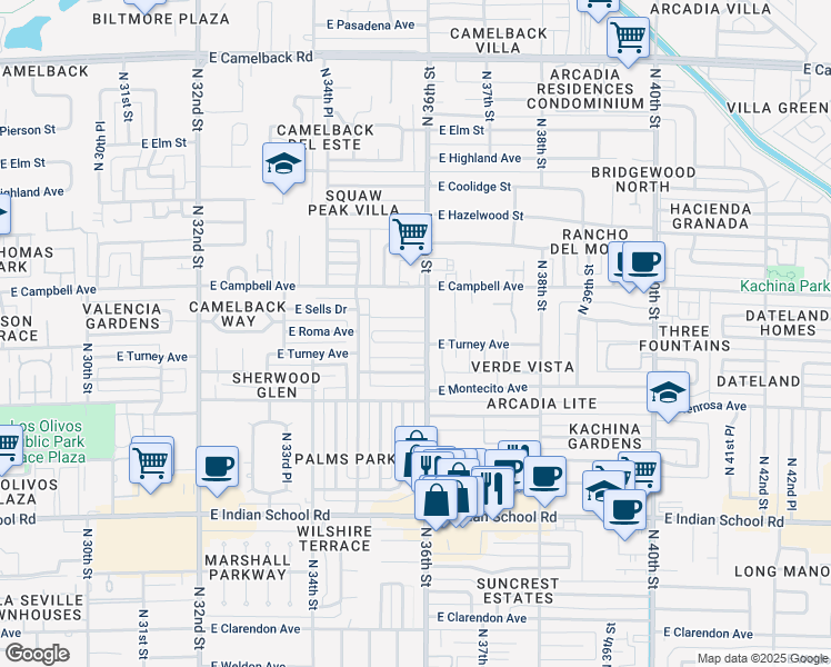 map of restaurants, bars, coffee shops, grocery stores, and more near 4402 North 36th Street in Phoenix
