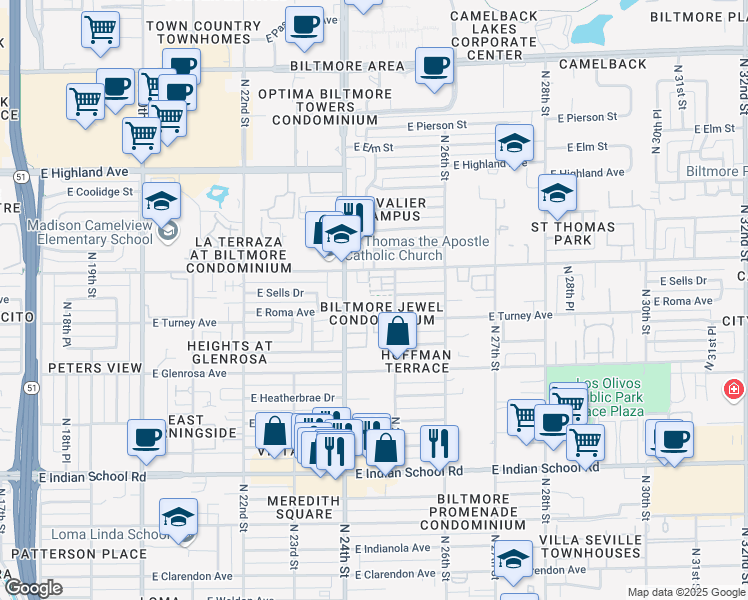 map of restaurants, bars, coffee shops, grocery stores, and more near 2430 East Roma Avenue in Phoenix