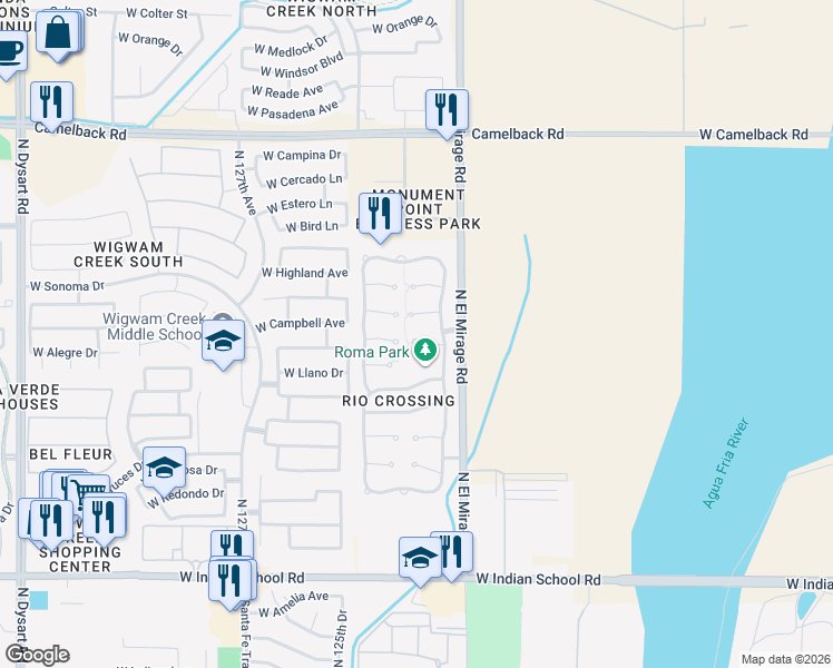map of restaurants, bars, coffee shops, grocery stores, and more near 12354 Campbell Avenue in Avondale