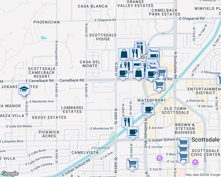 map of restaurants, bars, coffee shops, grocery stores, and more near 6711 East Camelback Road in Scottsdale