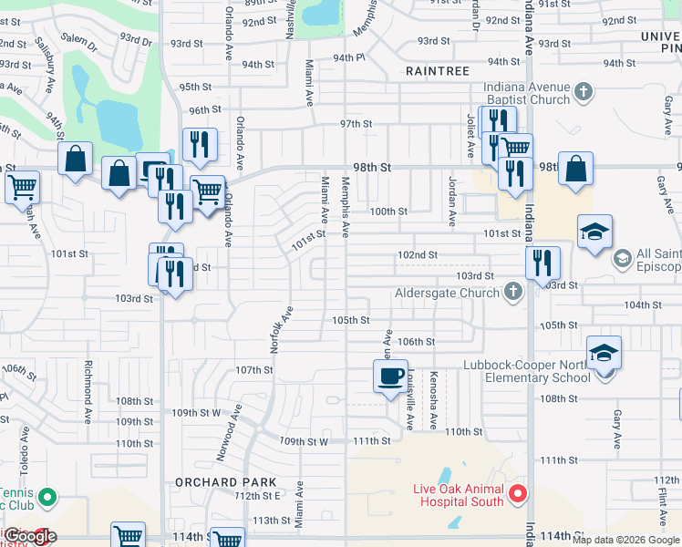 map of restaurants, bars, coffee shops, grocery stores, and more near 3802 103rd St in Lubbock