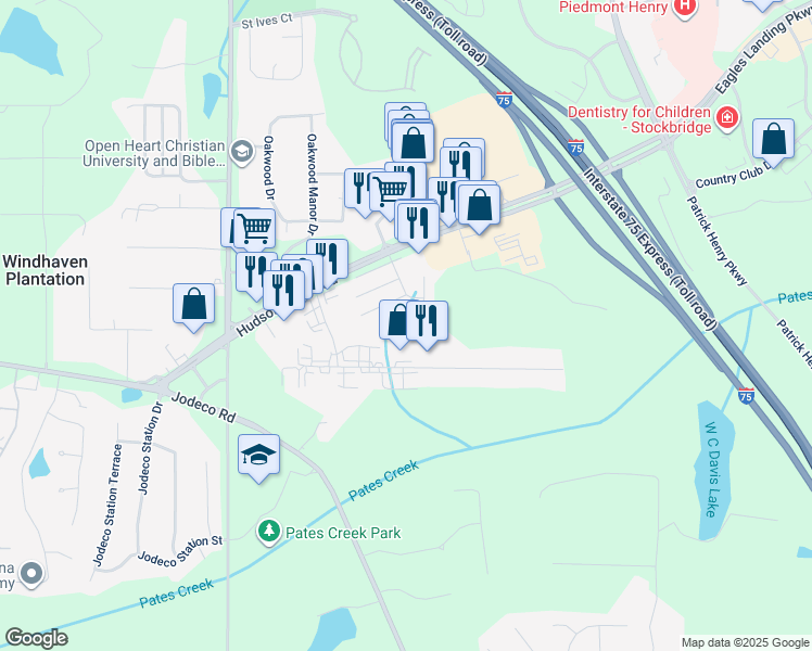 map of restaurants, bars, coffee shops, grocery stores, and more near 191 North Main Drive in Stockbridge