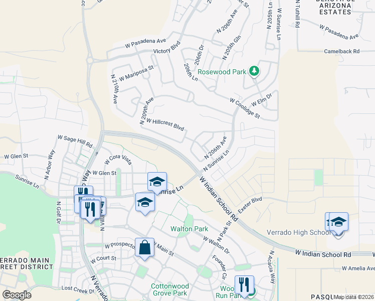 map of restaurants, bars, coffee shops, grocery stores, and more near 20659 West Minnezona Avenue in Buckeye