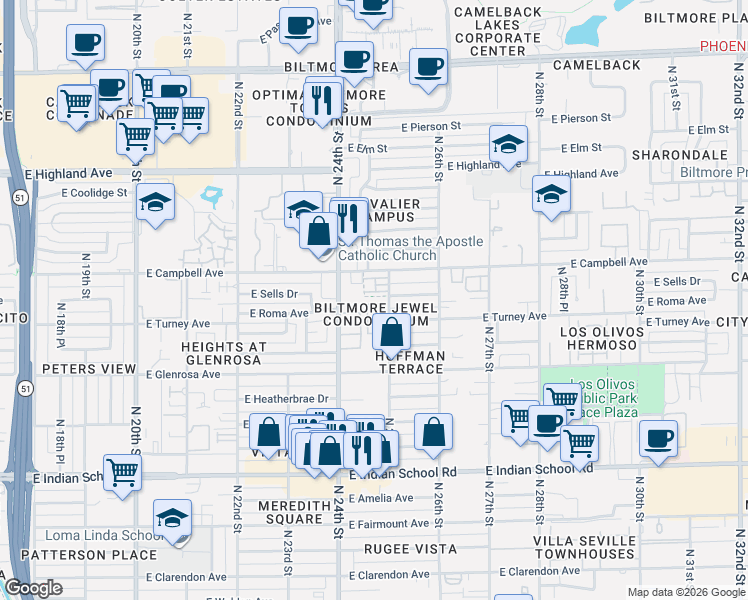 map of restaurants, bars, coffee shops, grocery stores, and more near 2430 East Roma Avenue in Phoenix