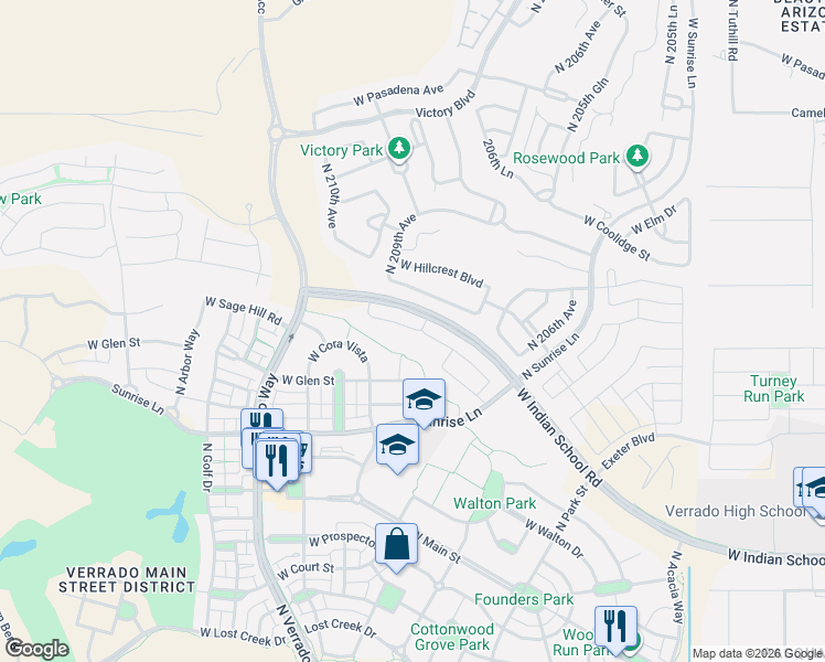 map of restaurants, bars, coffee shops, grocery stores, and more near 20807 West Indian School Road in Buckeye