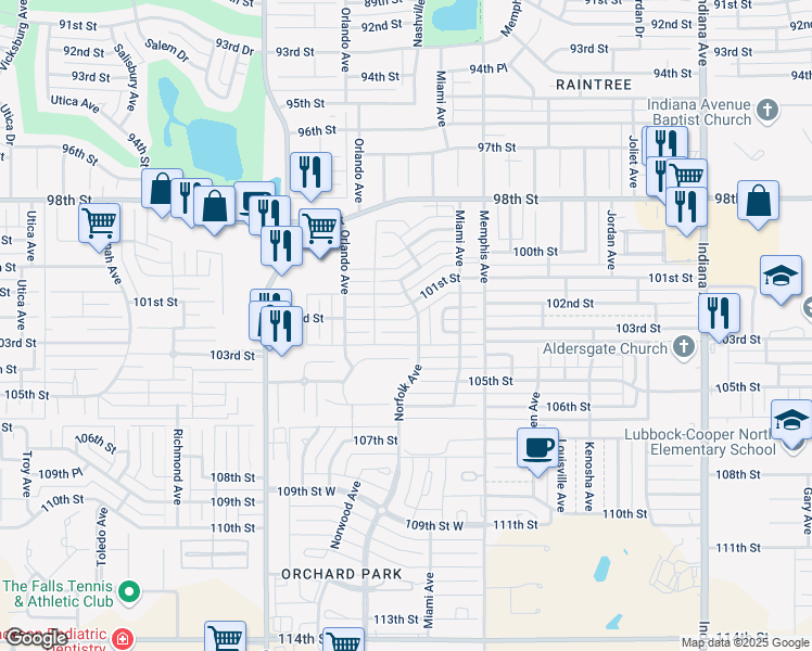 map of restaurants, bars, coffee shops, grocery stores, and more near 4004 103rd Street in Lubbock