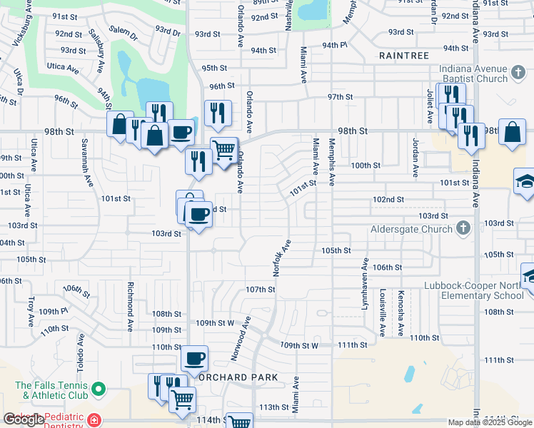 map of restaurants, bars, coffee shops, grocery stores, and more near 4004 103rd Street in Lubbock