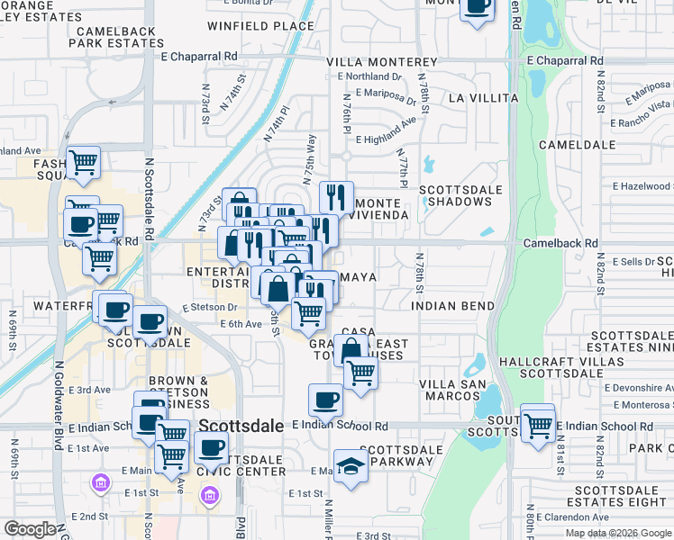 map of restaurants, bars, coffee shops, grocery stores, and more near in Scottsdale